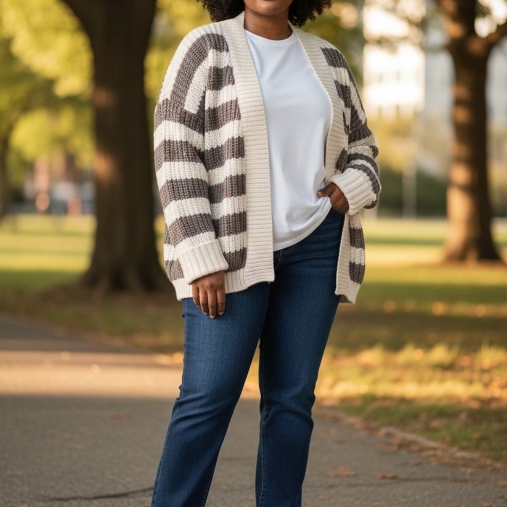 Cozy Striped Open Cardigan in Cream and Brown Size XL EUC - Picture 9 of 9
